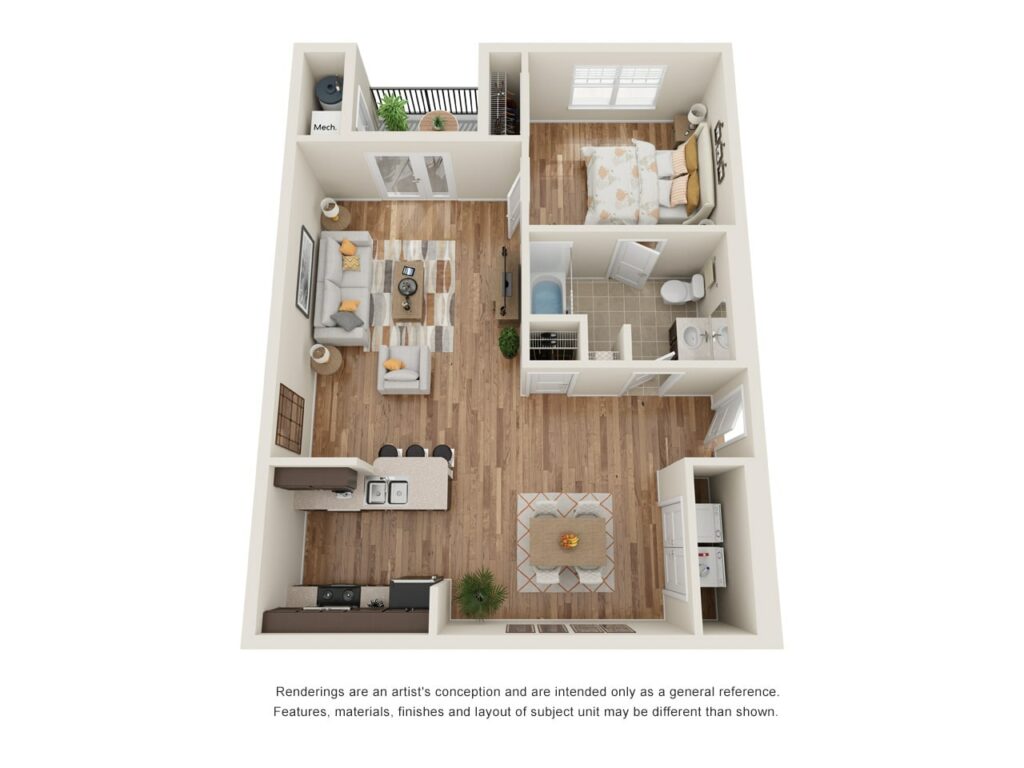 An over view of a One-Bedroom floor plan with living room, dining area, kitchen, bathroom/en suite, bedroom, patio/balcony space, utility closet, and washer and dryer.